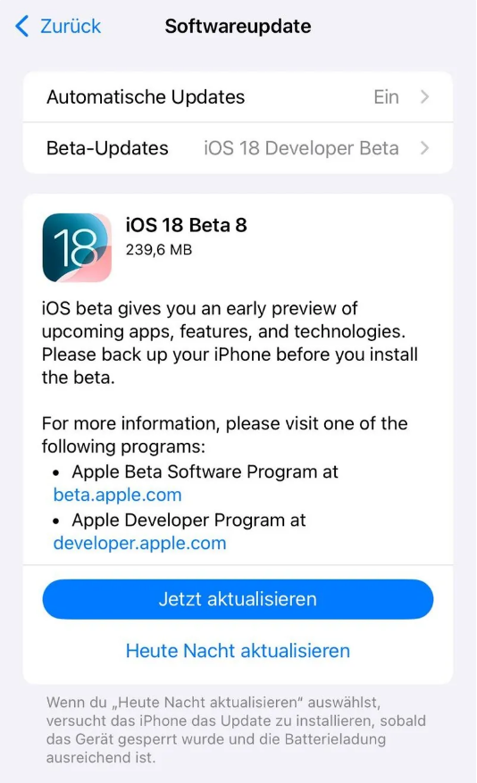 金川苹果手机维修分享苹果 iOS / iPadOS 18 开发者预览版 Beta 8 发布 